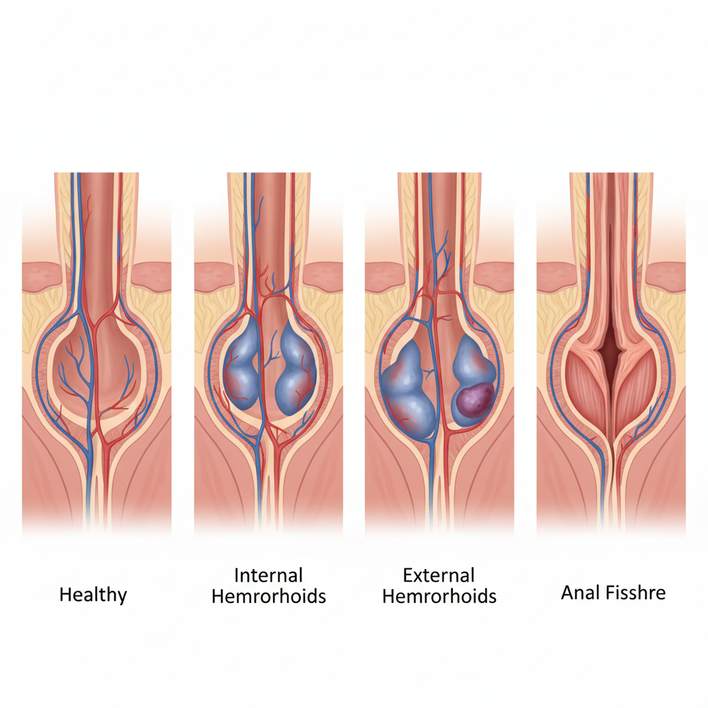 Common Conditions Mistaken for Hemorrhoids Medical illustration comparing hemorrhoid symptoms with other anorectal conditions