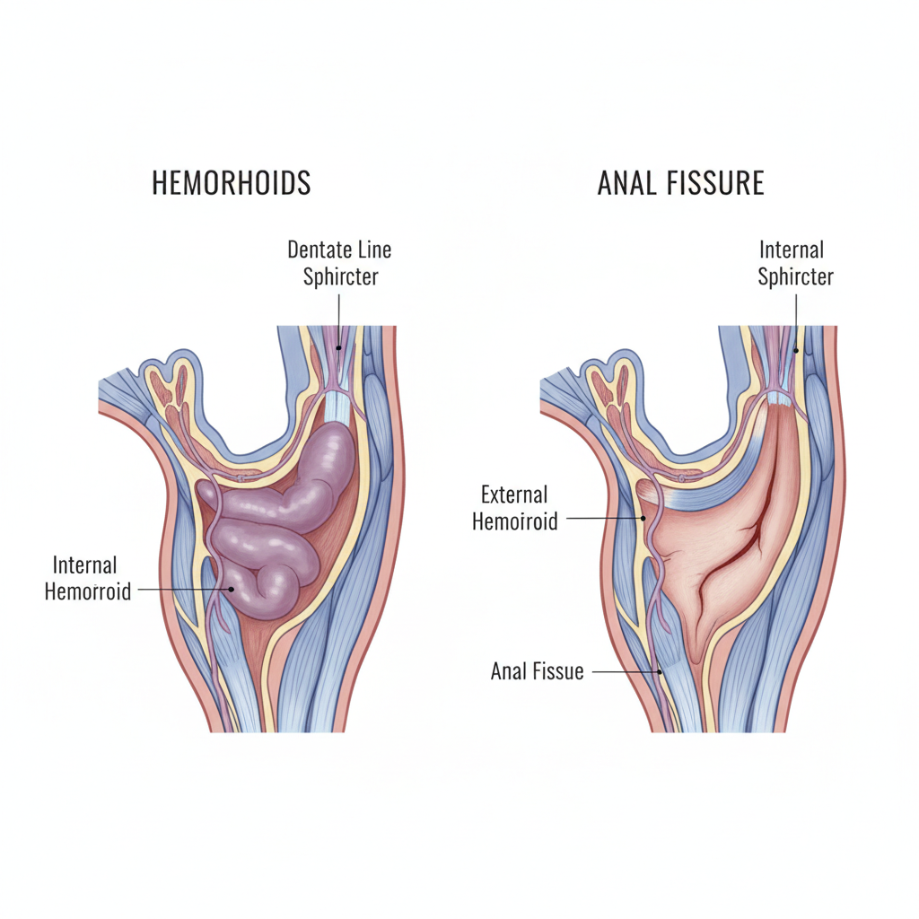 Medical diagram comparing hemorrhoid and anal fissure anatomy and symptoms