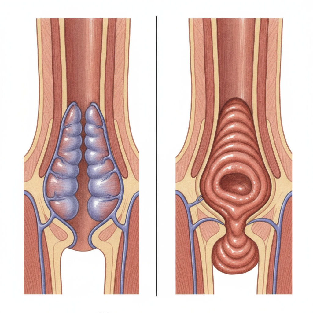 Anatomical comparison showing internal hemorrhoids and rectal prolapse conditions