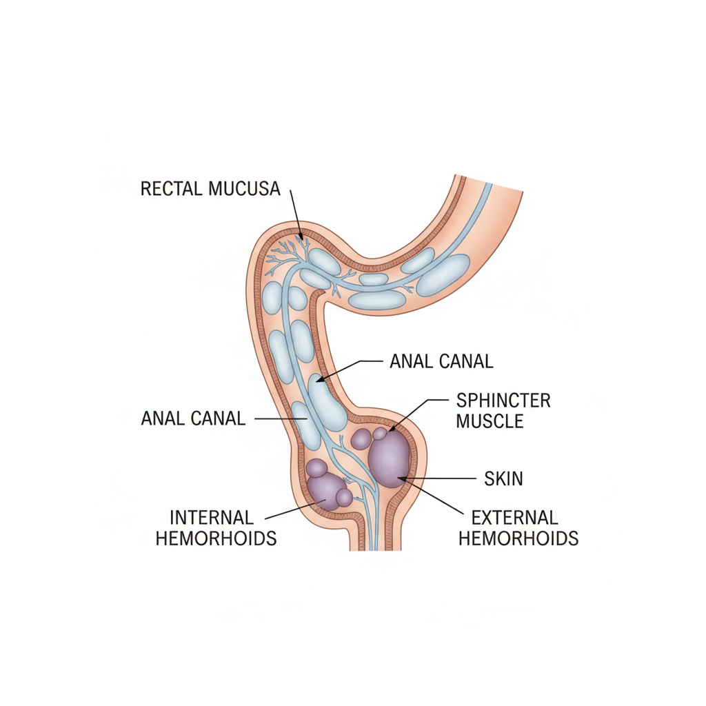 Internal vs. External Hemorrhoids: What’s the Difference? Medical diagram comparing internal and external hemorrhoid locations and anatomy