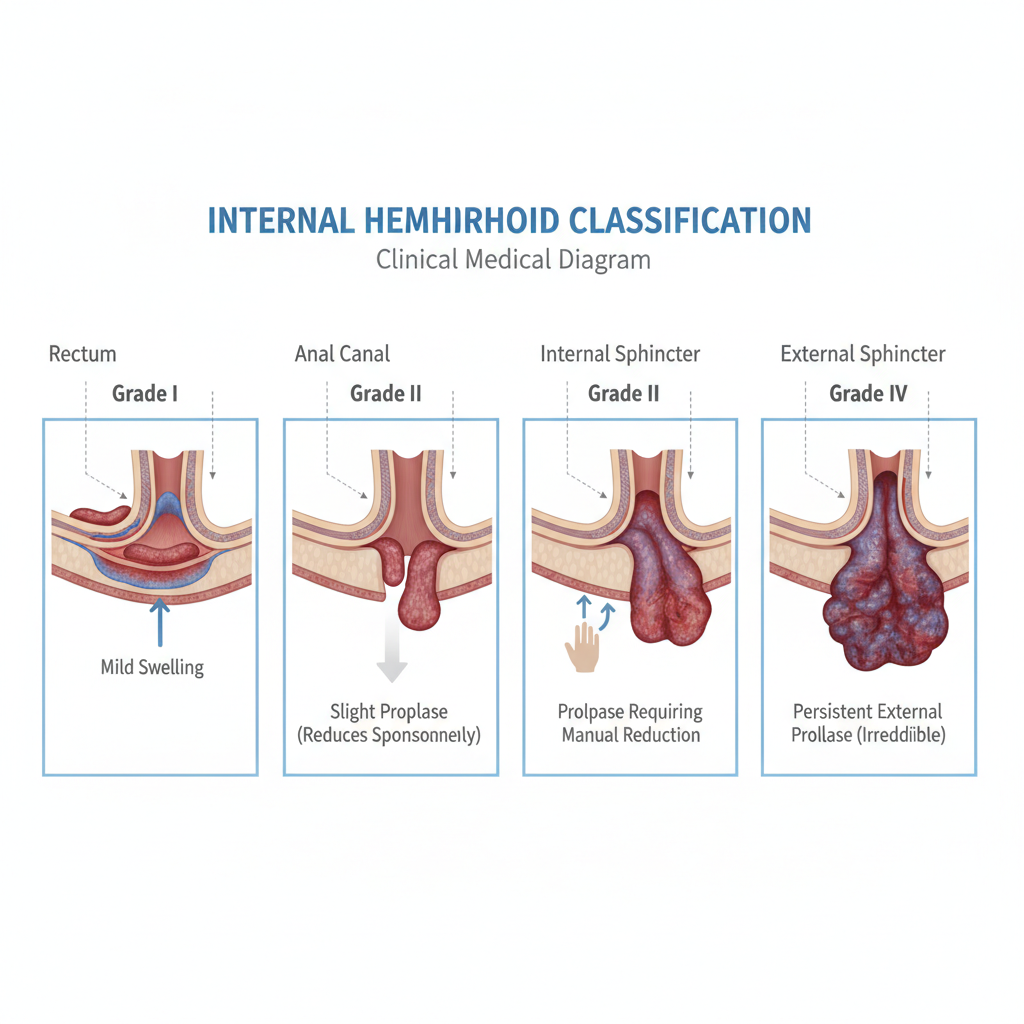 What Are the Different Stages of Hemorrhoids? Medical illustration showing the four grades of internal hemorrhoids progression from mild to severe