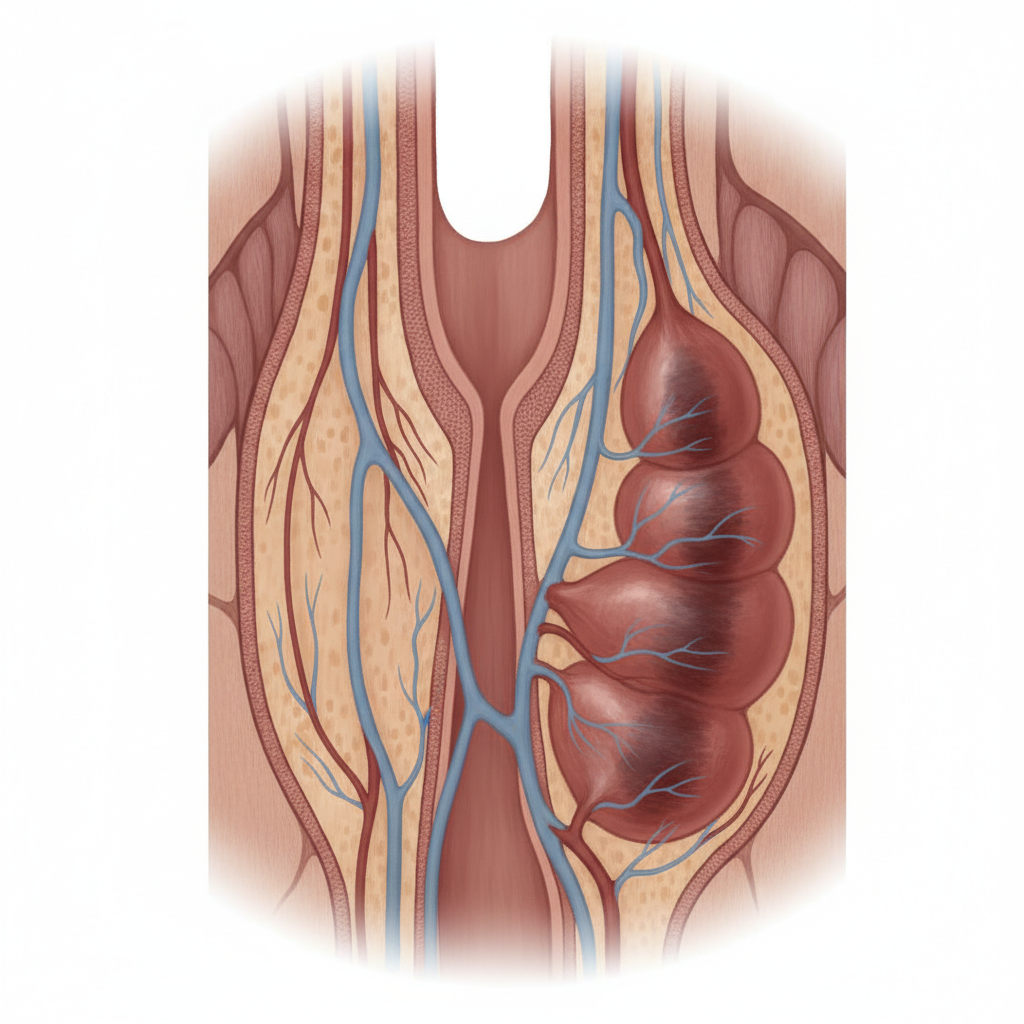 Why Do I Get Hemorrhoids? Causes, Triggers & Symptoms Explained Medical illustration of rectal anatomy showing hemorrhoid formation and swollen blood vessels